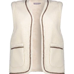Geisha Teddy Embroidery vest dames off white tape dark brown zigzag