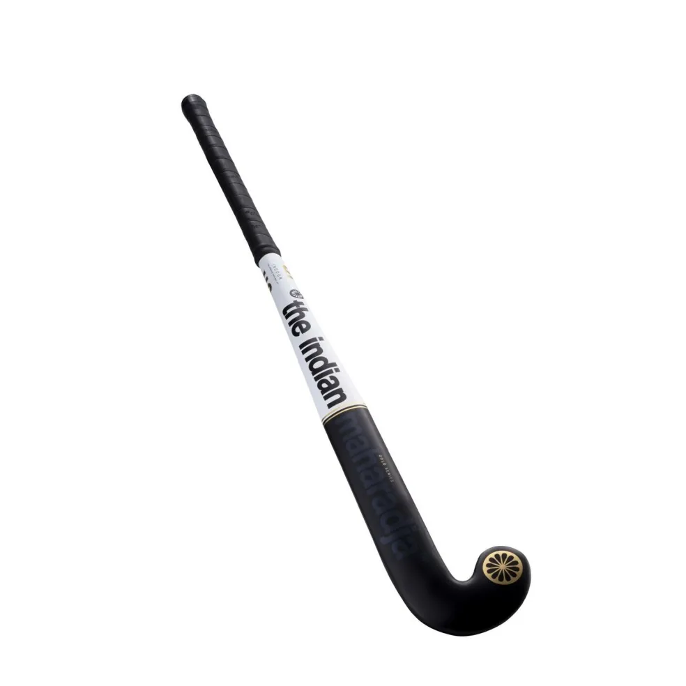 The Indian Maharadja Gold Pro Mid Bow zaalhockeystick junior black white gold foil